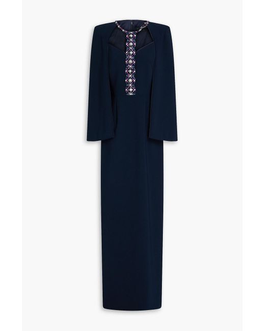 Jenny Packham Blue Crystal-embellished Tulle-trimmed Crepe Gown