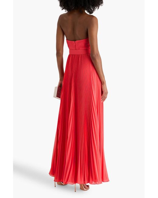 Badgley Mischka Red Strapless Embellished Pleated Chiffon Gown