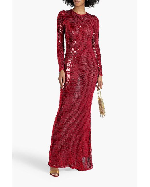 retroféte Red Alexa Sequined Open-knit Gown
