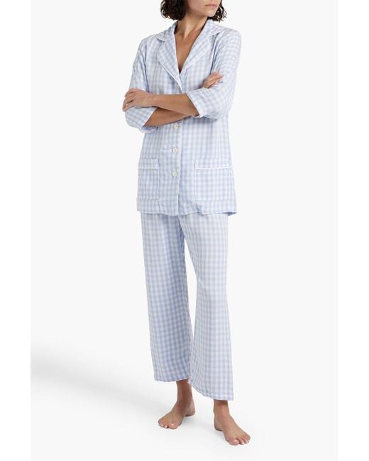 Sleeper Blue Party Checked Feather-embellished Twill Pajama Set