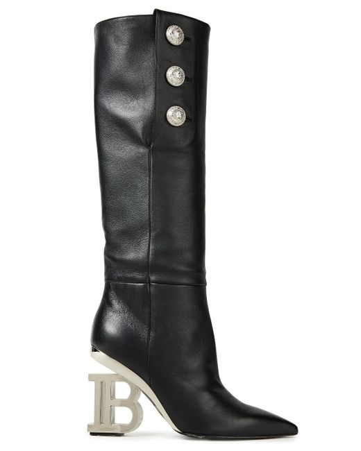 Balmain Nelly Embellished Textured-leather Knee Boots in Black - Lyst