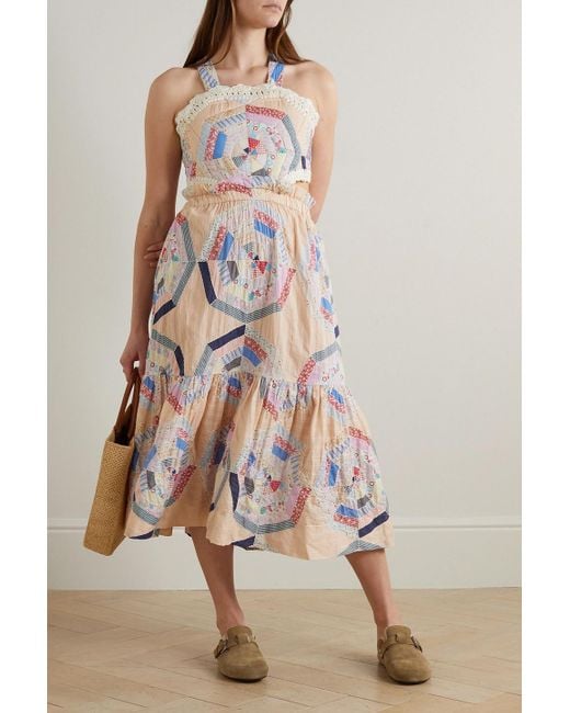 Sea White Quin maxikleid aus bedruckter baumwolle in patchwork-optik mit cut-outs und häkelbesätzen