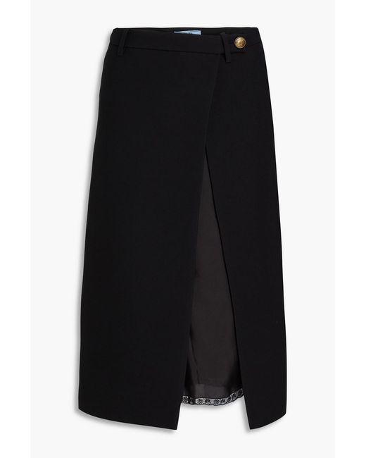Prada Black Layered Wool And Silk-Blend Crepe And Satin Midi Wrap Skirt