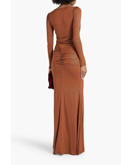 Rhea Costa Brown Ruched Tulle-paneled Glittered Jersey Gown