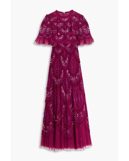 Needle & Thread Purple Ruffled Embroidered Tulle Gown