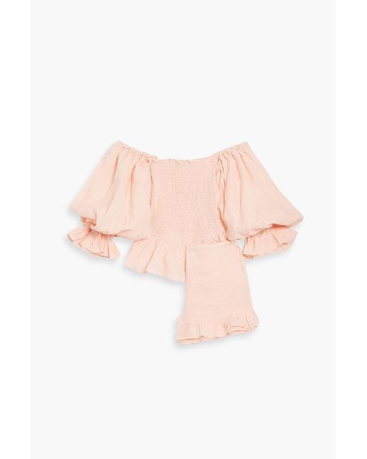 Sleeper Pink Atlanta Off-the-shoulder Ruffled Linen Top And Shorts Set