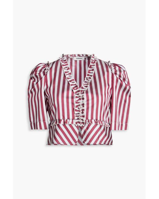 Sandro Red Cropped Striped Twill Shirt