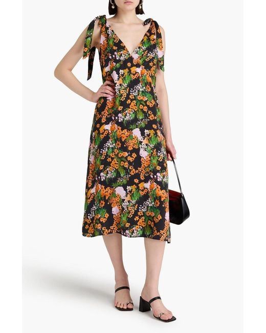 Stine Goya Black Naima Floral-Print Tencel-Blend Satin-Crepe Midi Dress