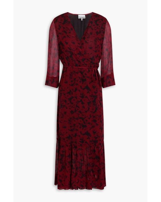 Ganni Red Bedrucktes midi-wickelkleid aus georgette