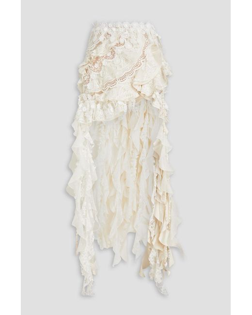 Zimmermann White Asymmetrischer maxirock aus organza, shantung-seide und spitze aus einer baumwollmischung mit rüschen