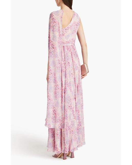 Mikael Aghal Pink One-shoulder Floral-print Chiffon Maxi Dress