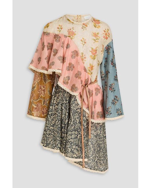 Zimmermann White Tiered Belted Paisley-Print Cotton-Blend Mini Dress