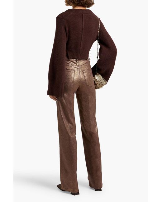 PAIGE Brown Sasha Glittered High-Rise Wide-Leg Jeans