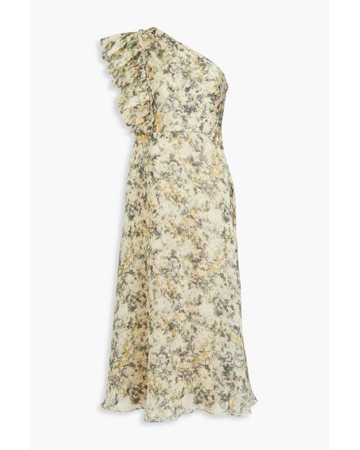 Mikael Aghal Metallic One-shoulder Floral-print Crepe De Chine Midi Dress