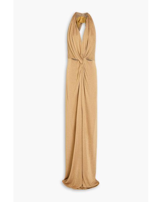 Costarellos Natural Twisted Jersey Halterneck Gown