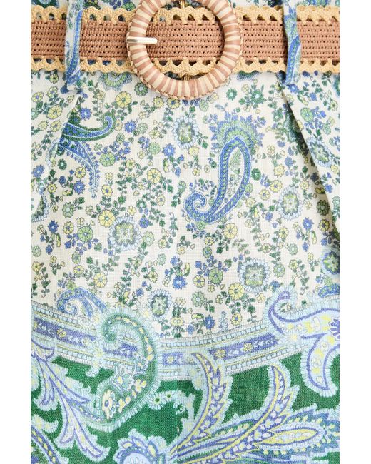 Zimmermann Green Ottie Paisley Print Belted Linen Shorts