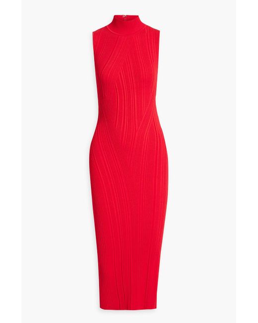 Hervé Léger Red Ribbed-knit Midi Dress