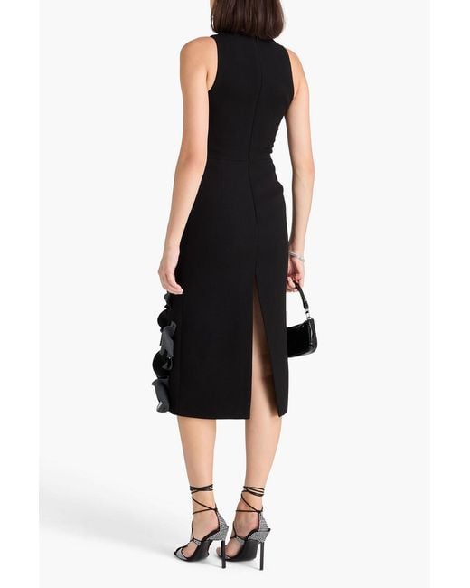 David Koma Black Midikleid aus woll-crêpe mit floralen applikationen