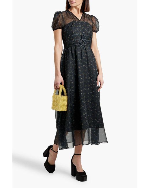 HVN Black Scarlett Layered Floral-Print Chiffon And Satin Midi Dress