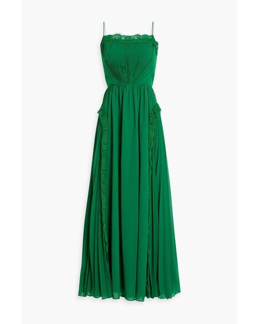 Zac Posen Green Lace-trimmed Pleated Chiffon Gown