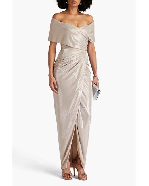 Rhea Costa White Off-the-shoulder Wrap-effect Metallic Jersey Gown