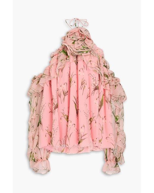 Carolina Herrera Pink Cold-Shoulder Floral-Print Silk-Georgette Top