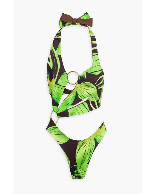 Louisa Ballou Green Cutout Printed Halterneck Swimsuit