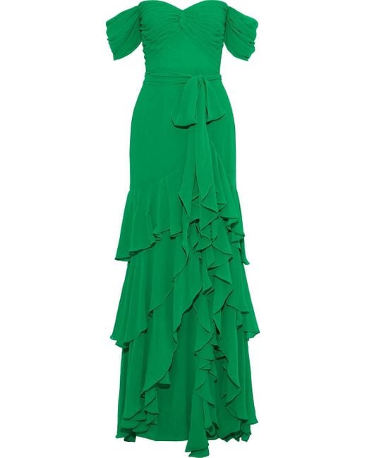 Badgley Mischka Off-the-shoulder Tiered Georgette Gown Green