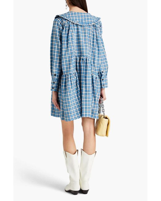 blue dress for baby girl Ganni Seersucker Blue Check Cotton-Blend Shirred Midi Dress
