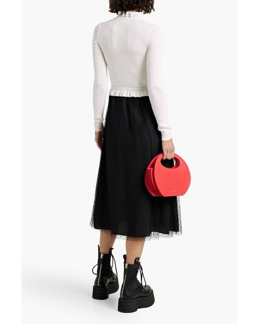 RED Valentino Black Ruffled Ribbed Wool And Point D'esprit Midi Dress