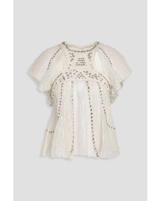 Isabel Marant Natural Orna Embellished Metallic Silk-Blend Georgette Top
