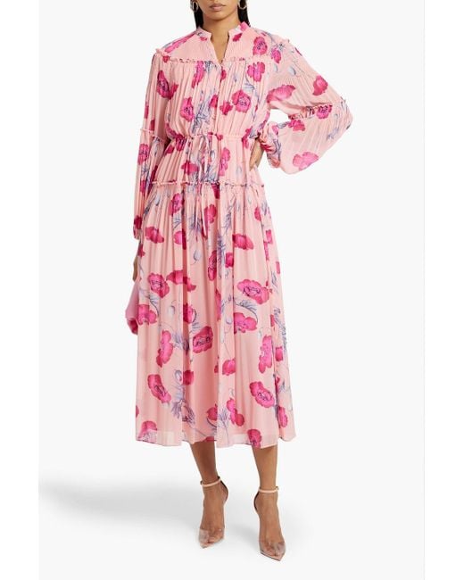 Diane von Furstenberg Pink Link Tiered Floral-print Plissé-chiffon Midi Dress