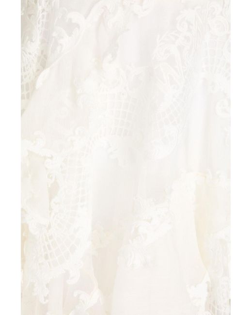 Zimmermann White Lace-up Linen And Silk-blend Gauze, Guipure Lace And Tulle Maxi Dress