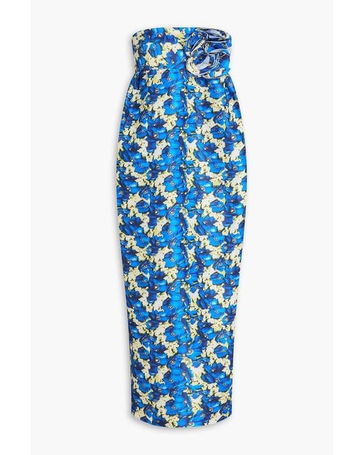 Kika Vargas Blue Rosseta Strapless Floral-print Taffeta Midi Dress