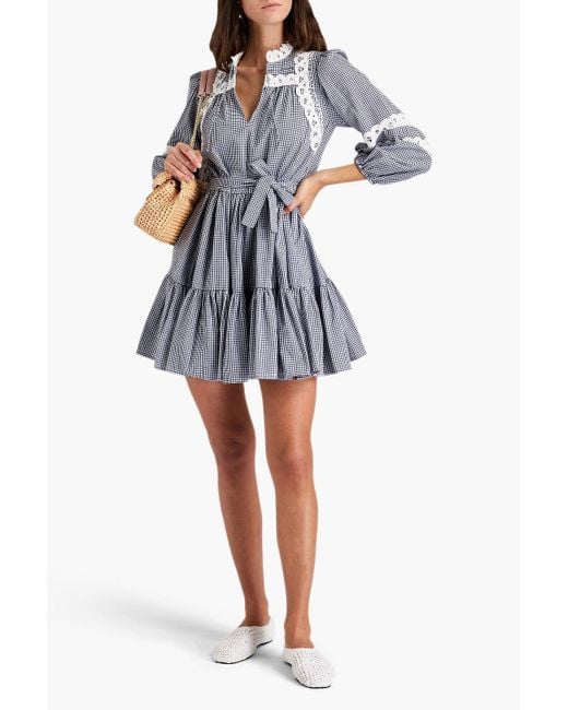 Maje Blue Lace-trimmed Tiered Gingham Cotton Mini Dress
