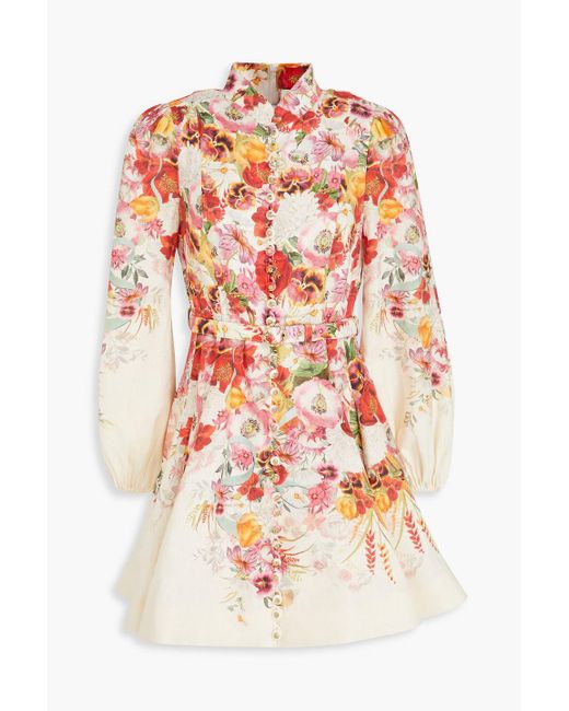 Zimmermann White Belted Floral-print Linen Mini Dress