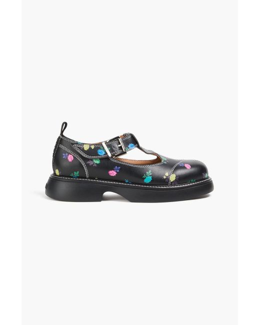 Ganni Black Floral-print Leather Mary Jane Pumps