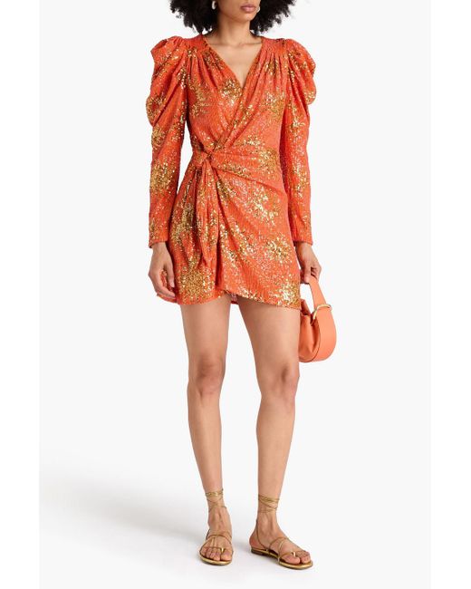 Farm Rio Orange Mini-wickelkleid aus mesh mit pailletten und raffung
