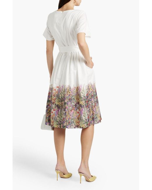 Mikael Aghal White Floral-print Cotton-blend Poplin Midi Dress