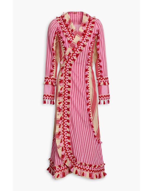 Dodo Bar Or Miranda Embroidered Striped Cotton-gauze Midi Wrap Dress