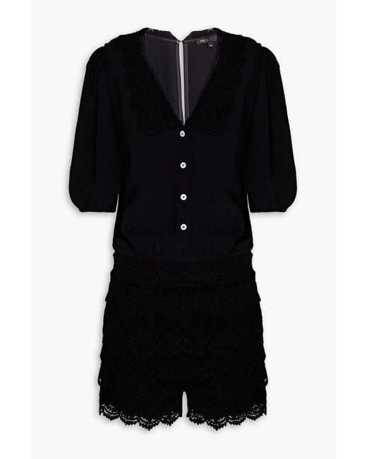 Maje Black Tiered Crocheted Lace-trimmed Cady Playsuit