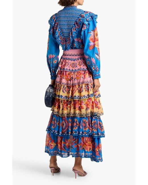 Farm Rio Blue Ruffled Smocked Printed Cotton-Voile Blouse