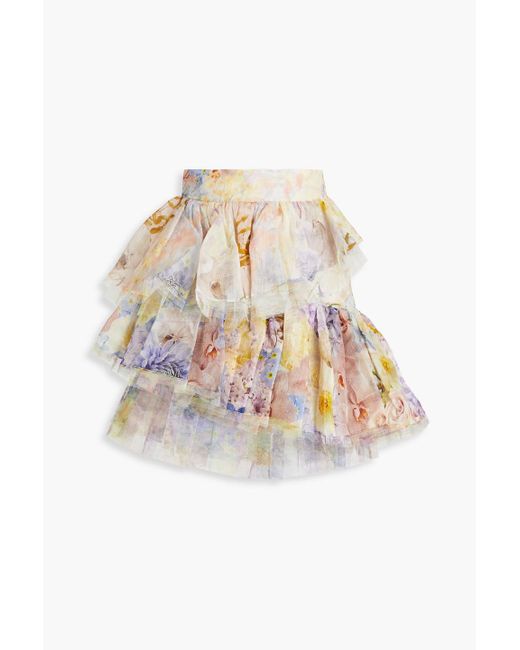 Zimmermann White Ruffled Floral-print Silk And Linen-blend Gauze Mini Skirt