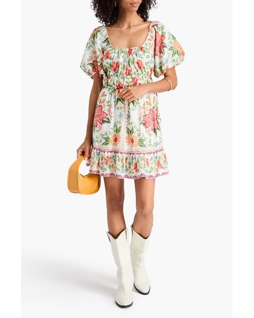 Farm Rio White Floral-print Cotton-blend Mini Dress