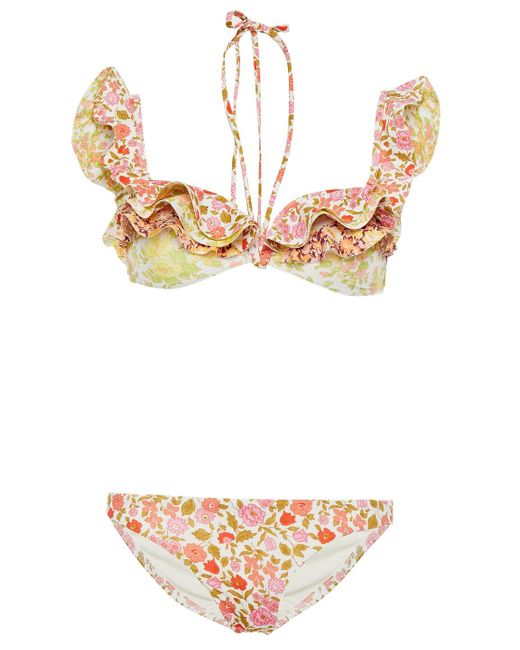 Zimmermann Ruffled Floral-print Halterneck Bikini in White