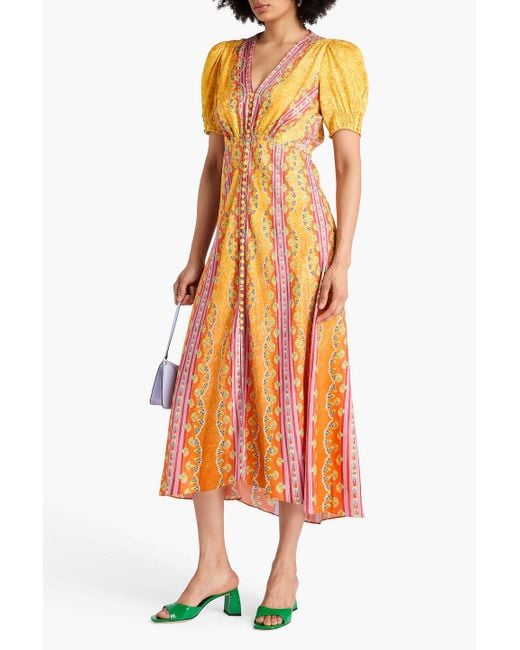 Saloni Orange Lea Printed Silk-Jacquard Midi Dress