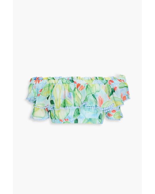 Charo Ruiz Blue Girona Off-The-Shoulder Cropped Printed Cotton-Blend Voile Top