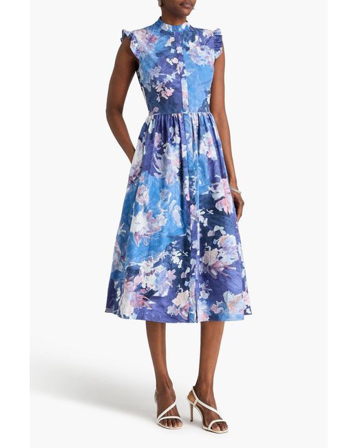 Erdem Blue Ruffled Floral-print Cotton-poplin Midi Dress