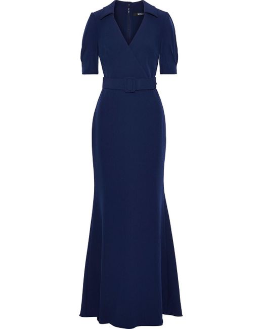 Badgley Mischka Blue Wrap-effect Belted Stretch-crepe Gown