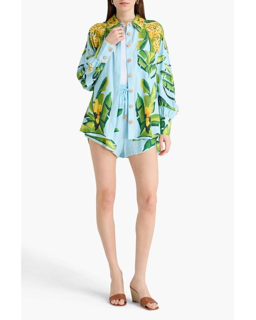 Farm Rio Green Printed Linen-Blend Shirt